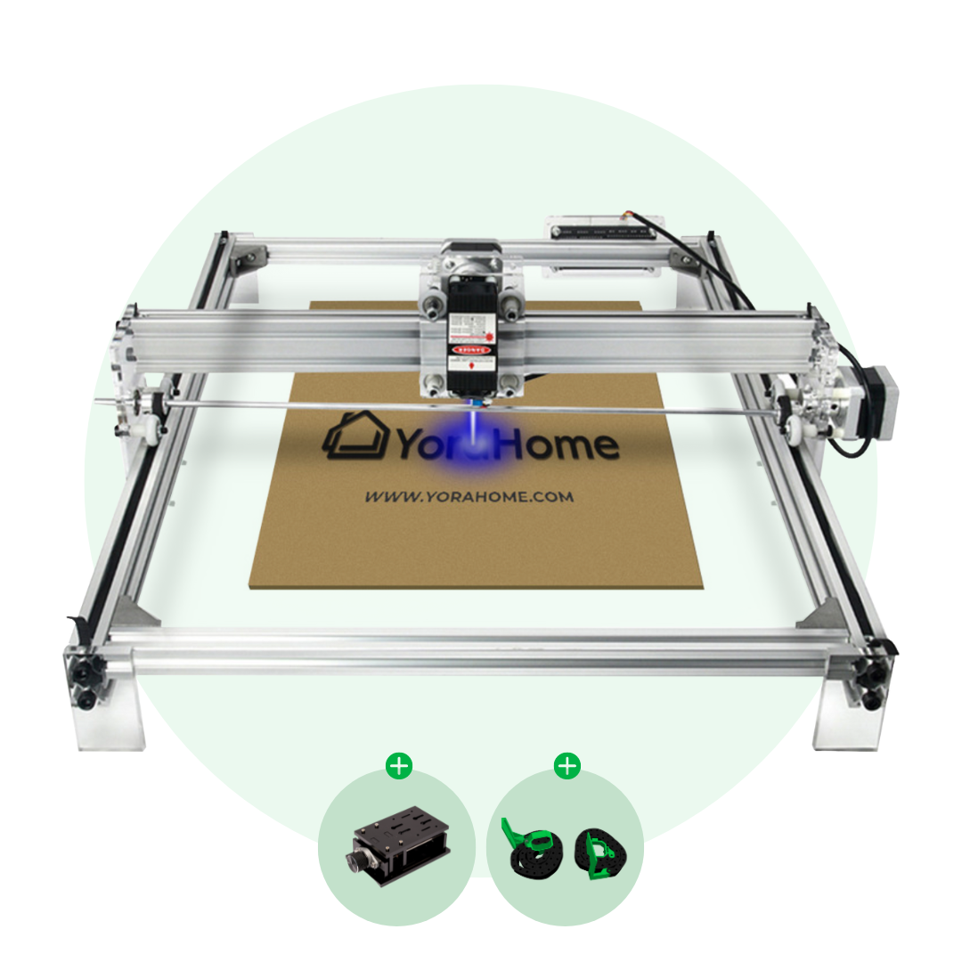 A YoraHome laser engraving machine model 6550, with a piece of paper on the engraving platform, demonstrating the engraving process.